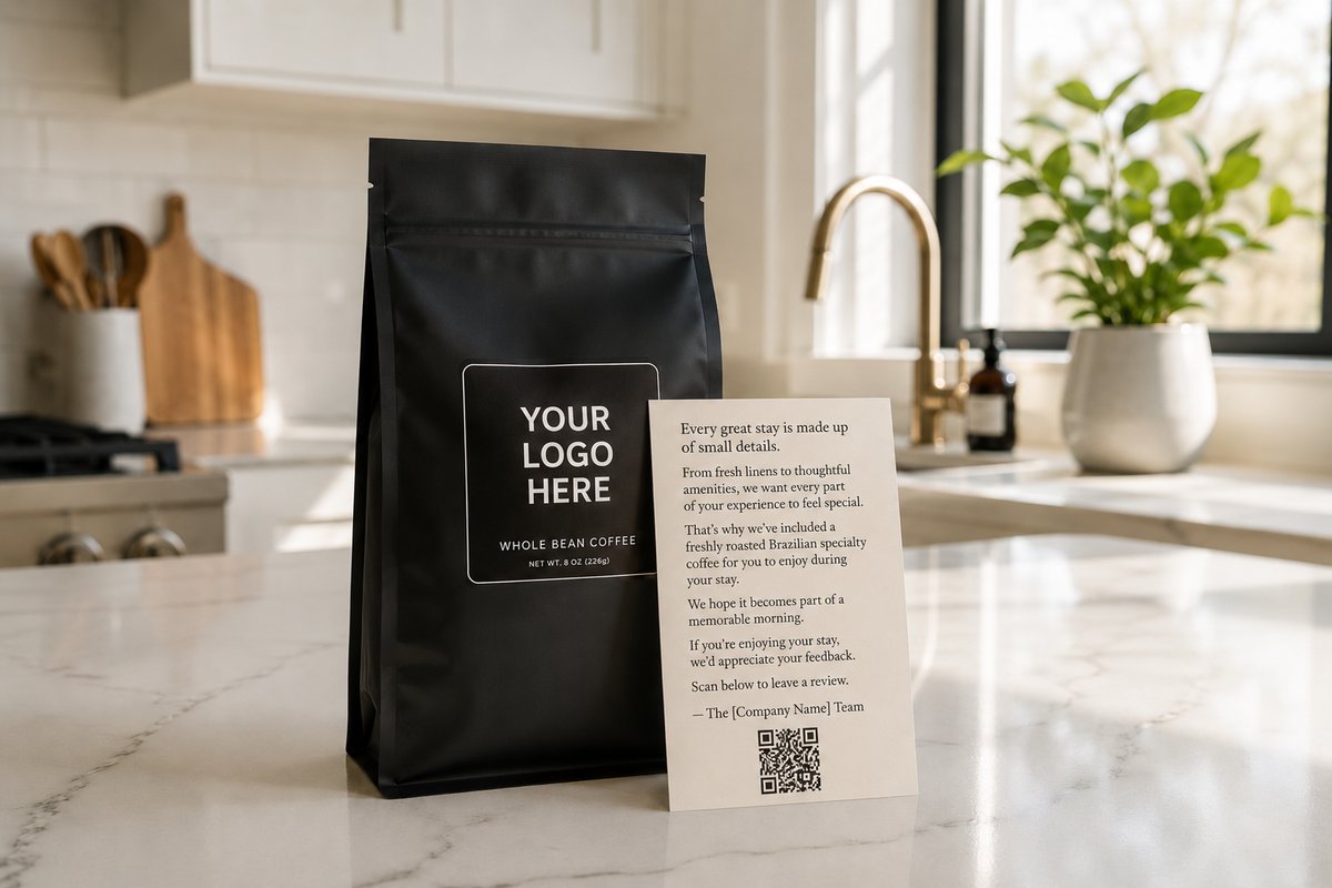 Your branded coffee bag with a welcome card and review QR code